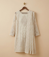 Silver white Raw Silk 2 Piece Shirt and Dupatta