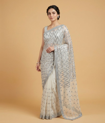 Silver zigzag net saree