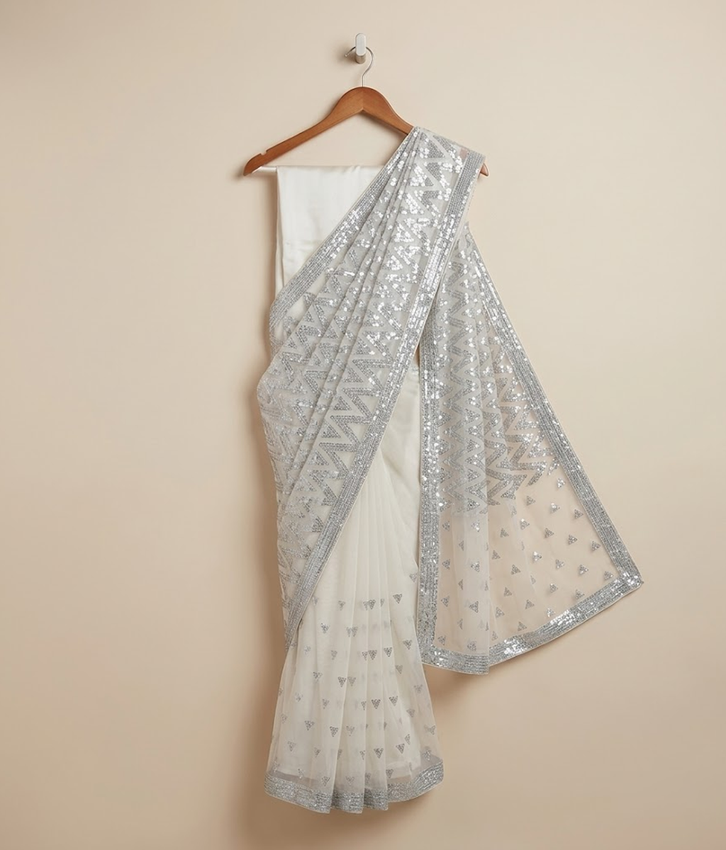 Silver zigzag net saree