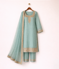 Sky blue raw silk suit with golden tilla dabka work