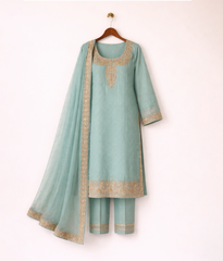 Sky blue raw silk suit with golden tilla dabka work