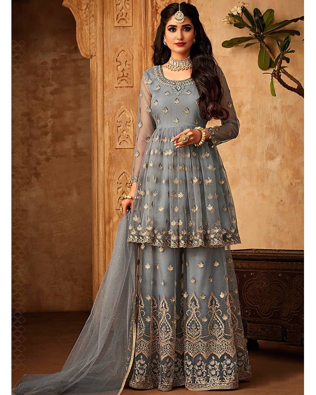 Slate Grey Net Gharara