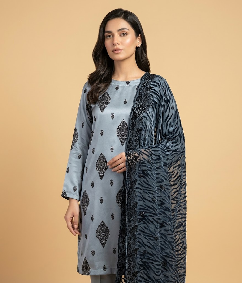 Slate grey Silk 2 Piece Shirt and Dupatta