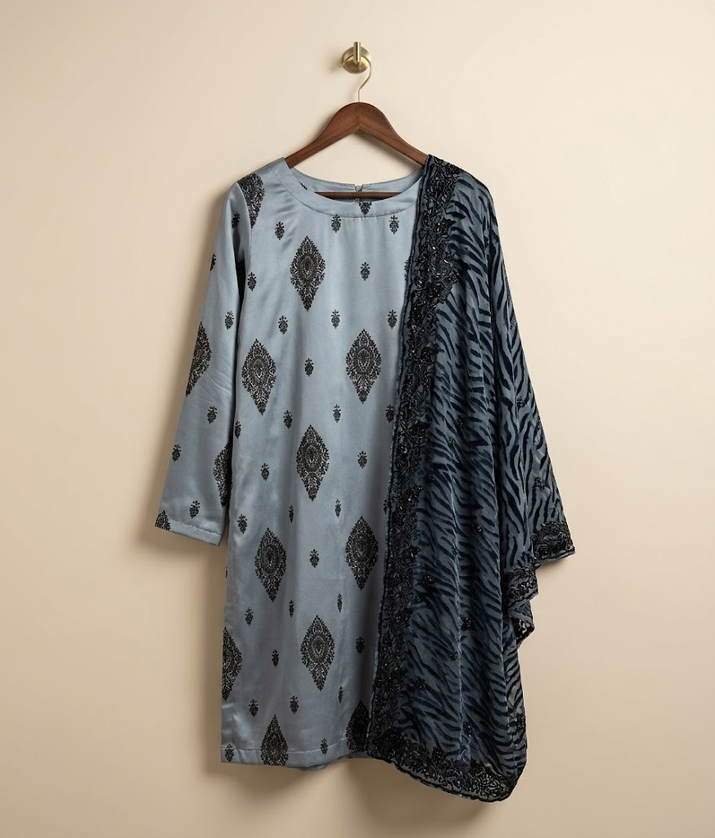 Slate grey Silk 2 Piece Shirt and Dupatta