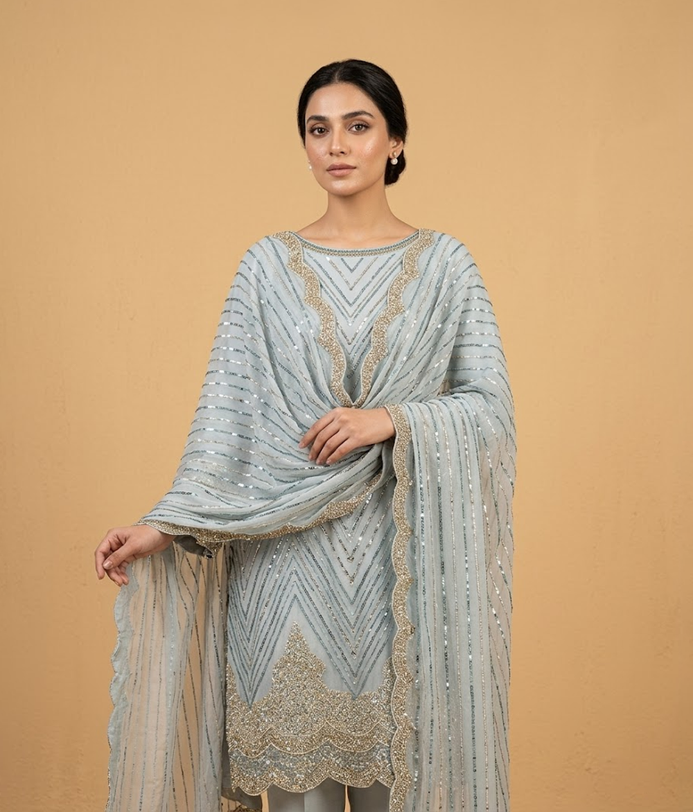 Steel Blue Cut Dana Net 2 Piece Shirt and Dupatta
