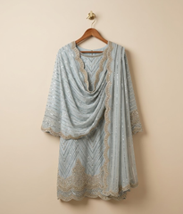 Steel Blue Cut Dana Net 2 Piece Shirt and Dupatta