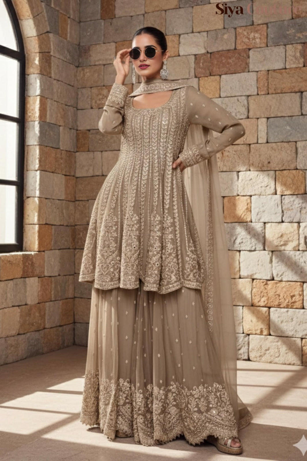 Taupe Chikankari Peplum Gharara