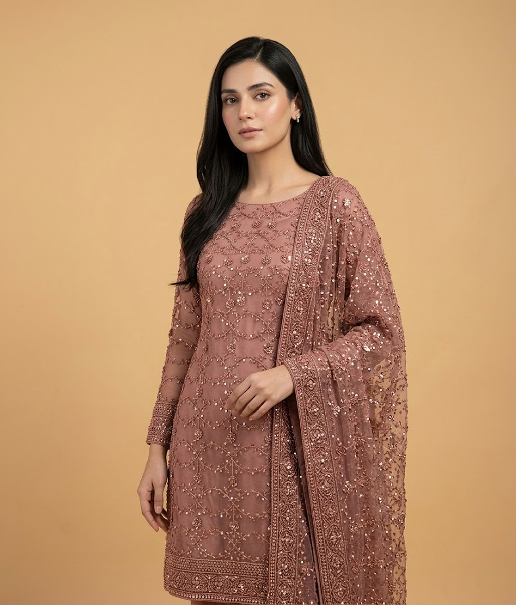 Tea Pink Raw Silk 2 Piece Shirt and Dupatta