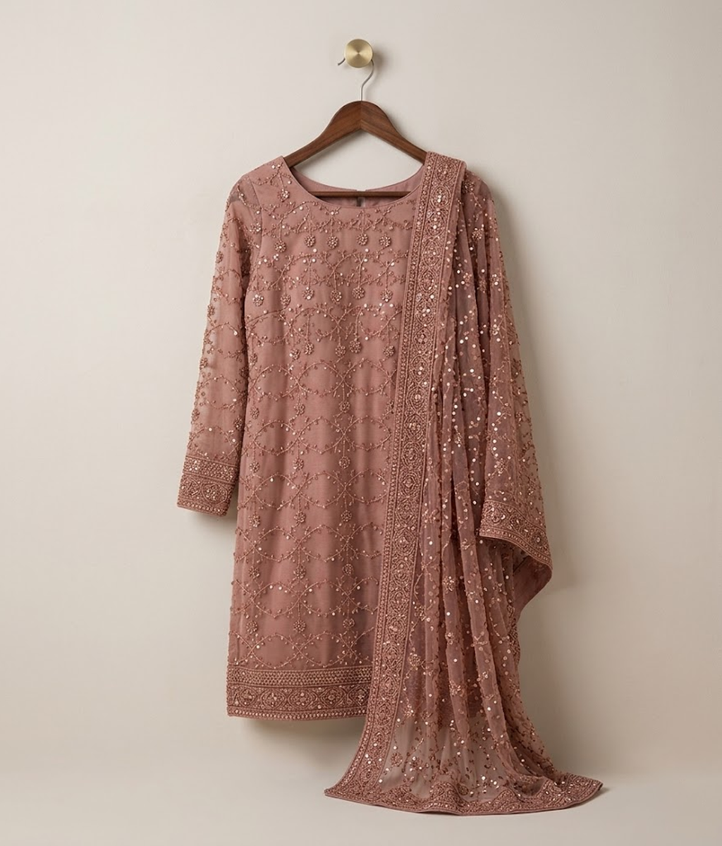 Tea Pink Raw Silk 2 Piece Shirt and Dupatta