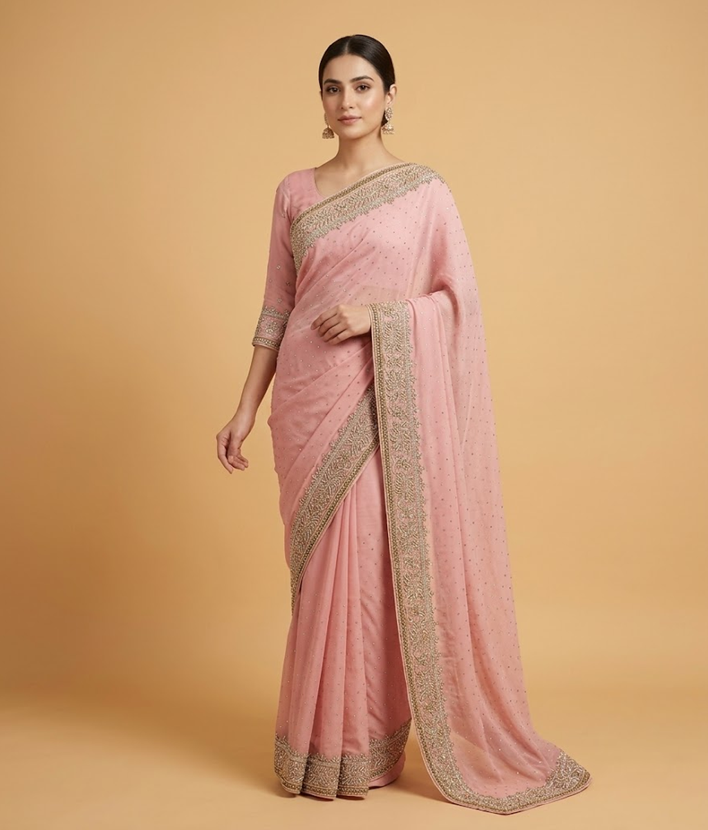 Tea Pink Tilla Work Tissue Silk Saree
