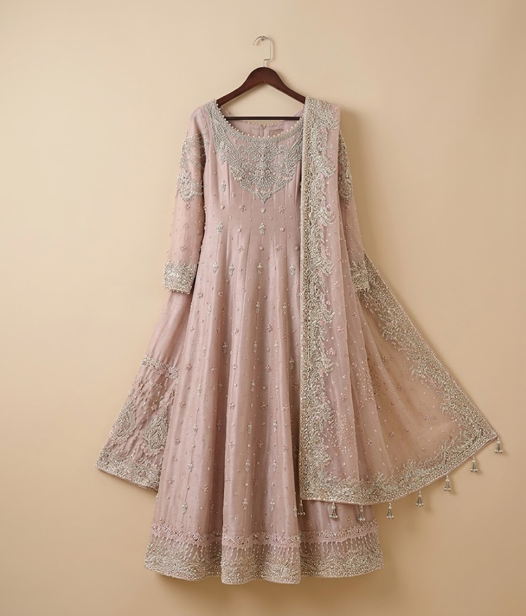 Tea Rose Silver Vasli & Mirror Work Kalidar Gown