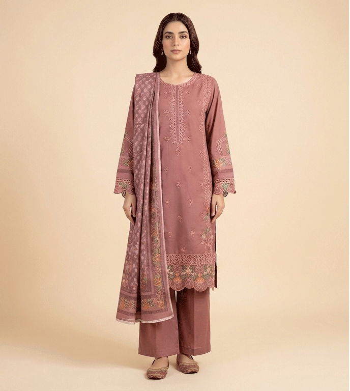 Tea pink cotton 3 piece with embroidery work