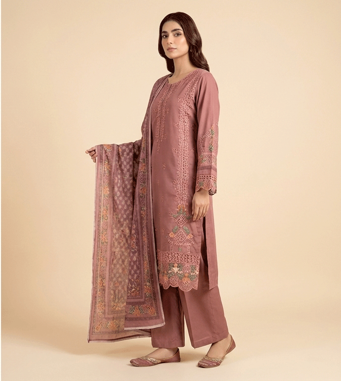 Tea pink cotton 3 piece with embroidery work