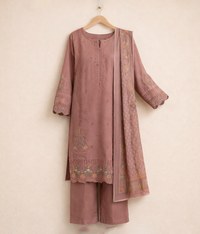 Tea pink cotton 3 piece with embroidery work