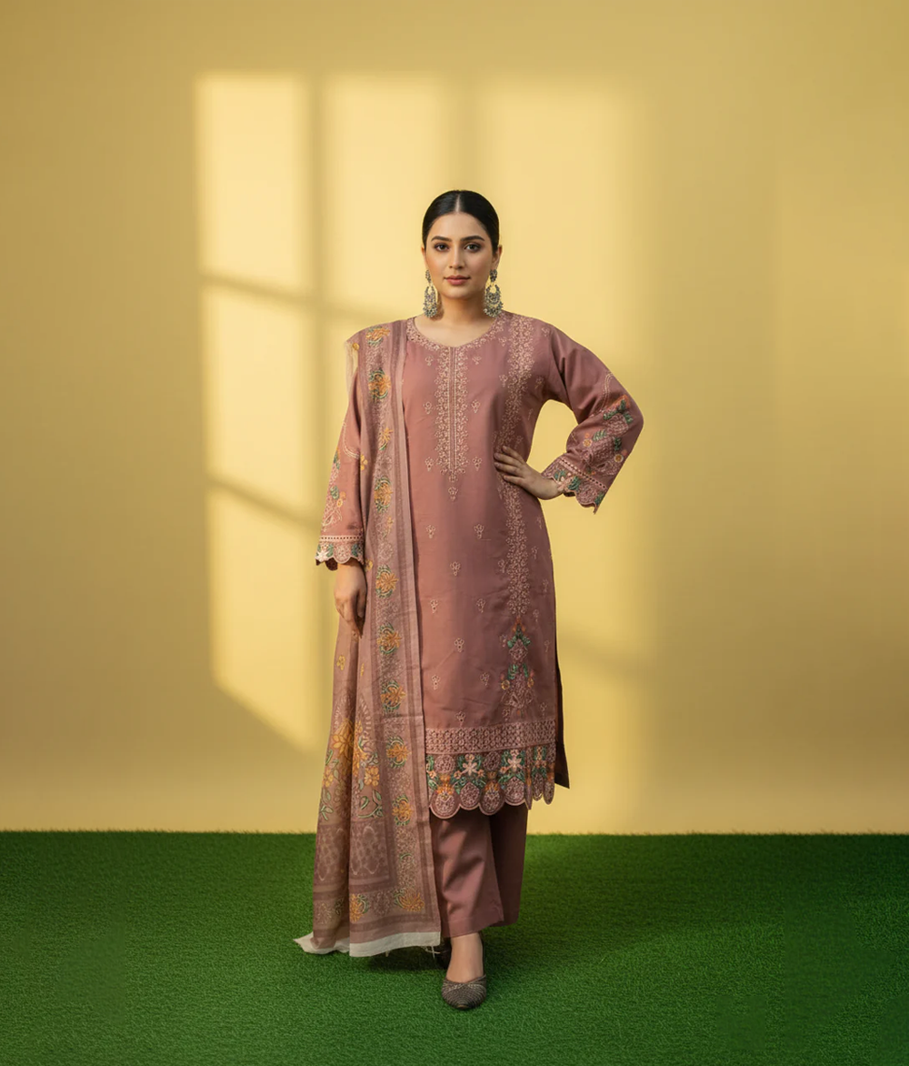 Tea pink cotton embroidered long shirt with trouser and dupatta