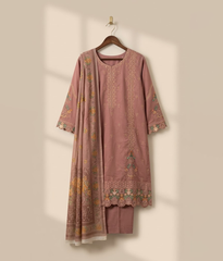 Tea pink cotton embroidered long shirt with trouser and dupatta