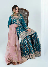 Teal Blue Contrast Zardozi & Floral Gharara