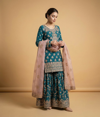 Teal Blue Contrast Zardozi & Floral Gharara