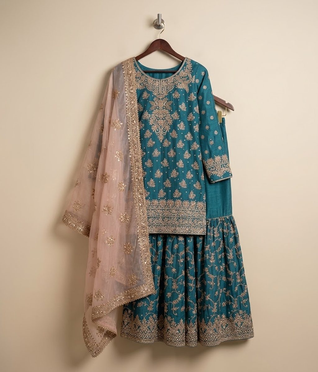 Teal Blue Contrast Zardozi & Floral Gharara