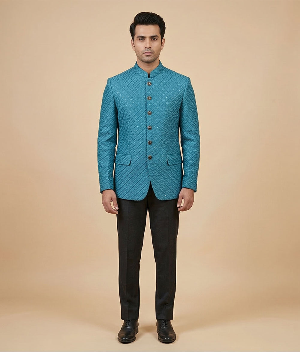 Teal Blue Sequence Embroidered Raw Silk Prince Coat