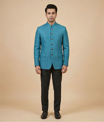 Teal Blue Sequence Embroidered Raw Silk Prince Coat