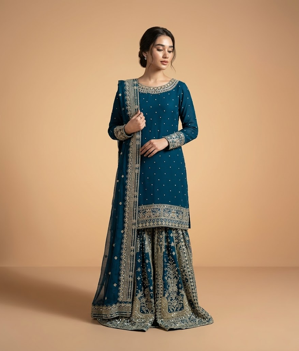 Teal Blue Silver Gota & Mirror Gharara