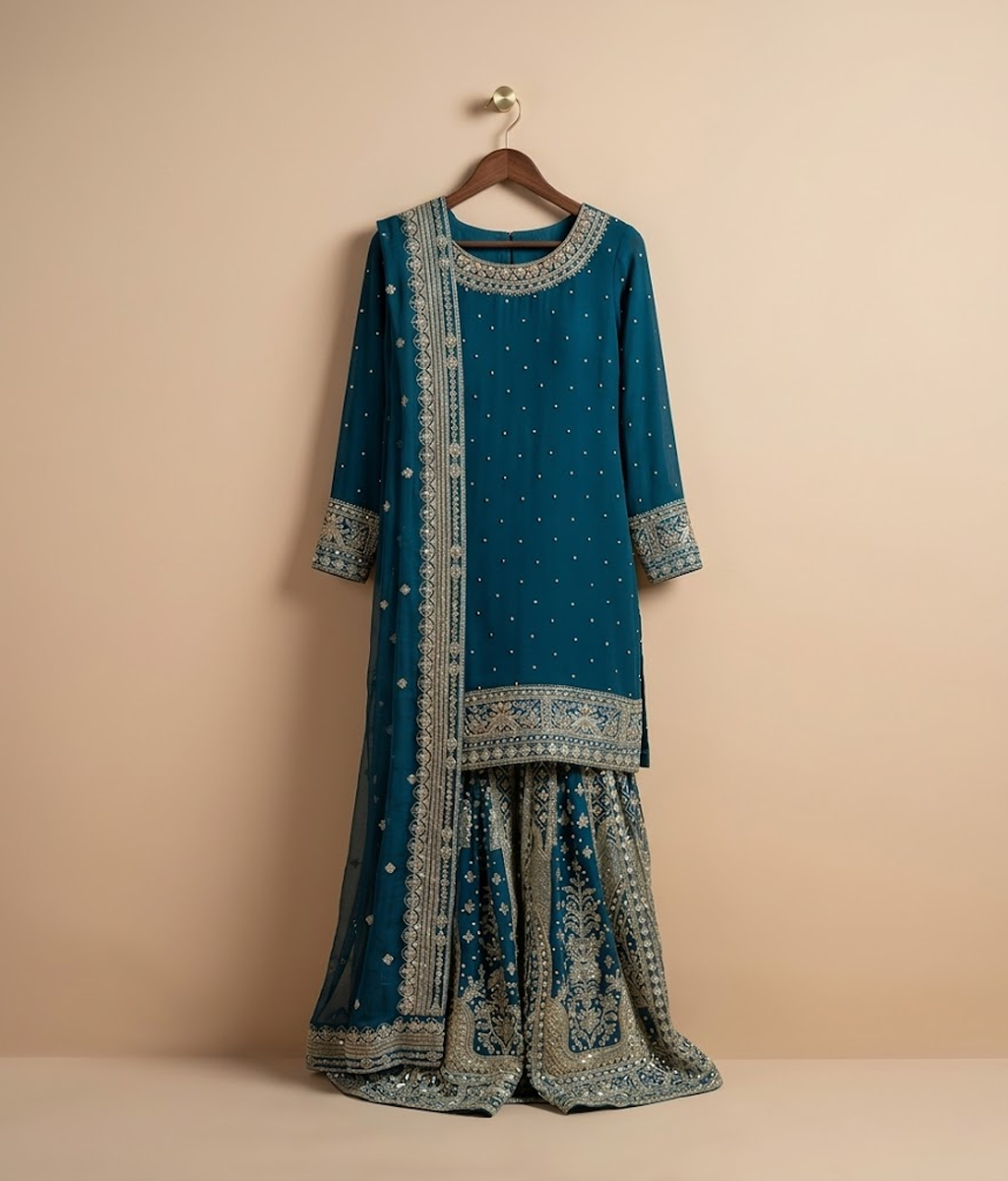 Teal Blue Silver Gota & Mirror Gharara