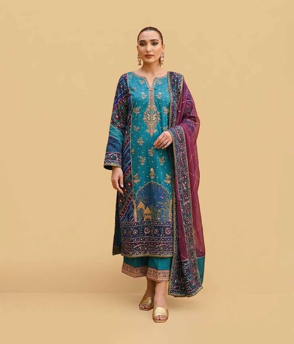 Teal Blue Traditional Mughal Print & Gotta Worked Suit