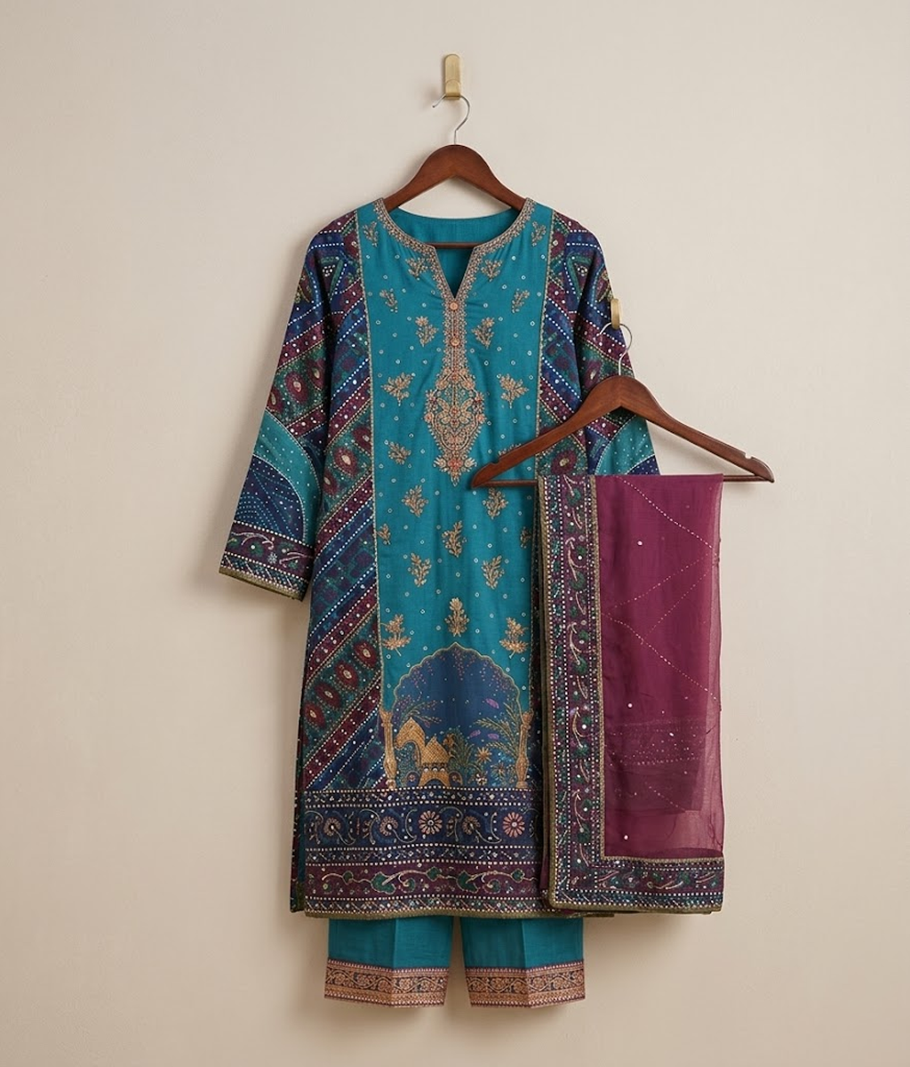 Teal Blue Traditional Mughal Print & Gotta Worked Suit