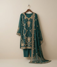 Teal Raw Silk Suit with Tilla and Dabka Work