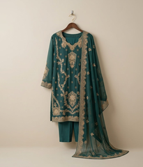 Teal Raw Silk Suit with Tilla and Dabka Work