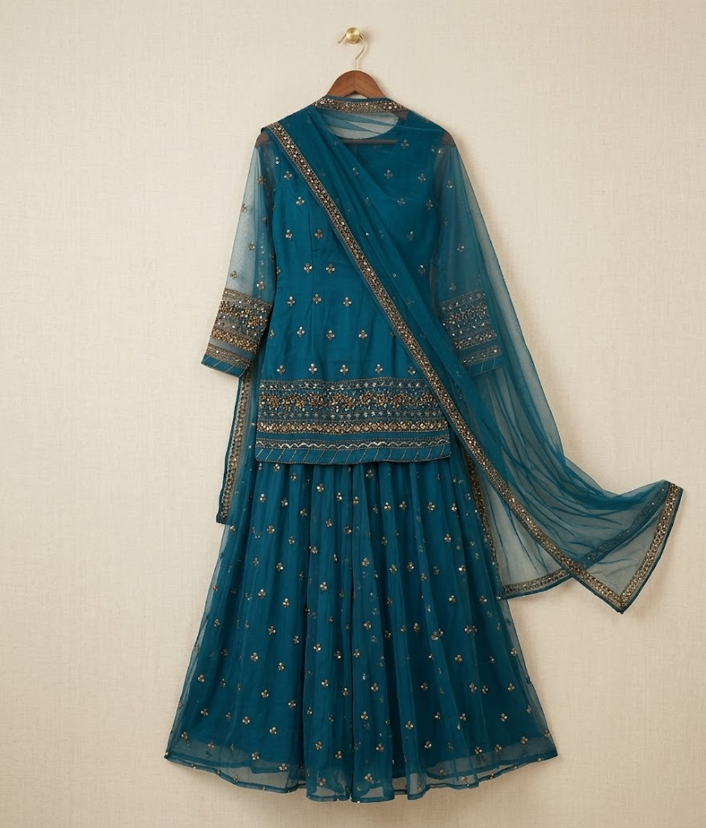Teal Sequin Work Gharara
