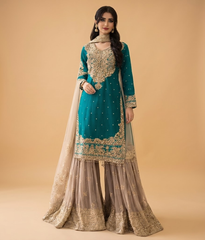 Teal and Beige Tilla Work Gharara