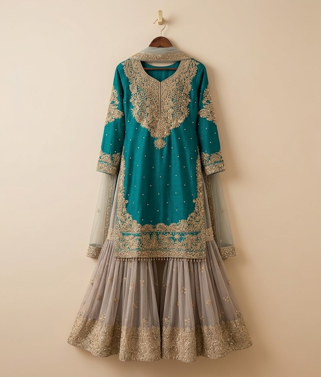 Teal and Beige Tilla Work Gharara