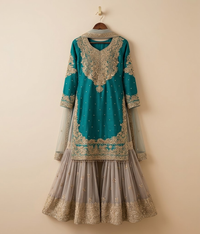 Teal and Beige Tilla Work Gharara