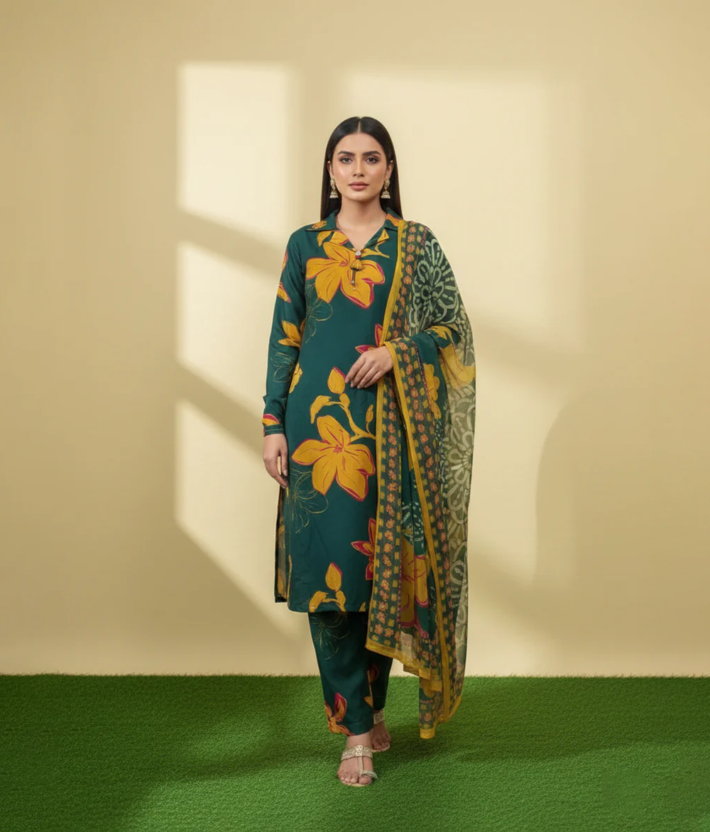 Teal arabic Lawn printed 3 piece