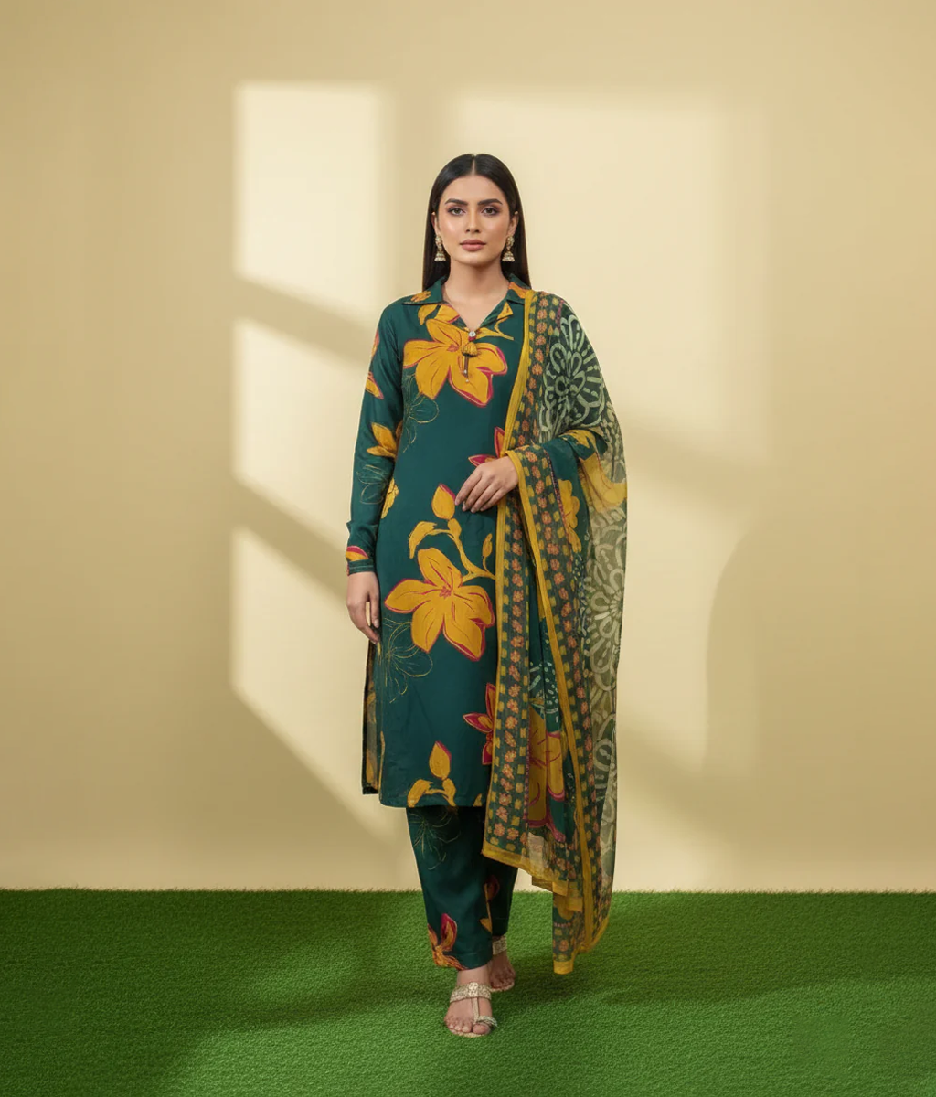 Teal arabic Lawn printed 3 piece