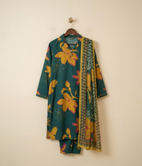Teal arabic Lawn printed 3 piece
