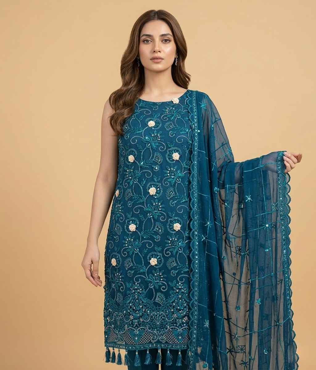 Teal blue Embroidered Mesh Chiffon 2 Piece
