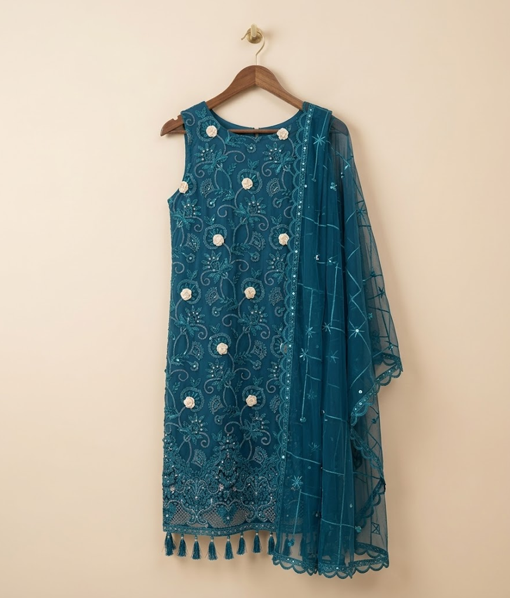 Teal blue Embroidered Mesh Chiffon 2 Piece