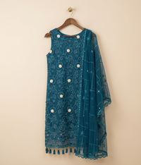 Teal blue Embroidered Mesh Chiffon 2 Piece