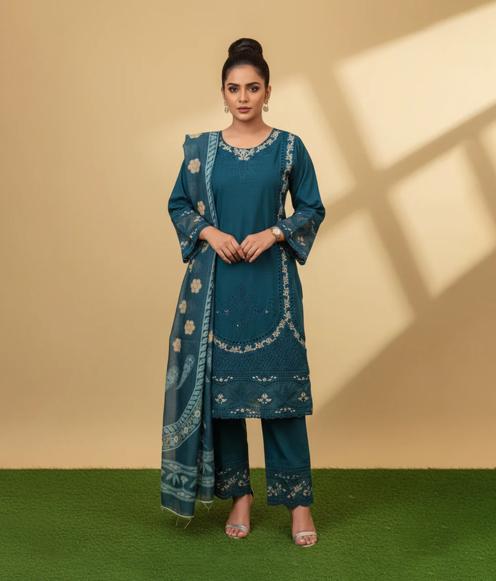 Teal cotton 3 piece with minimal embroidery work