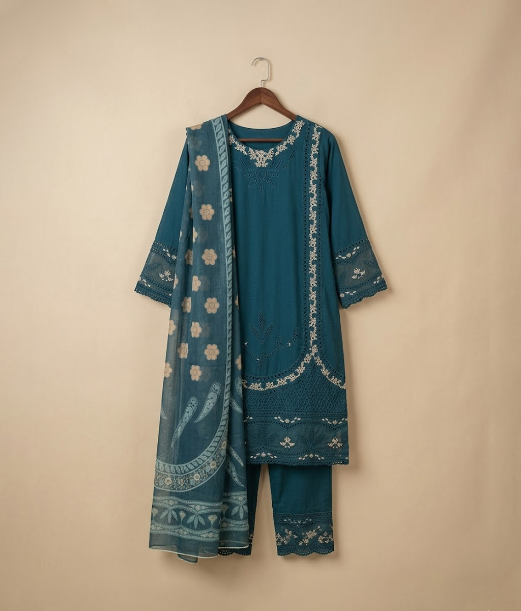 Teal cotton 3 piece with minimal embroidery work