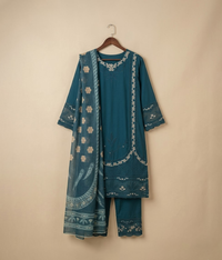 Teal cotton 3 piece with minimal embroidery work