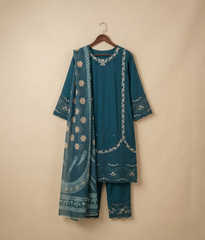 Teal cotton 3 piece with minimal embroidery work