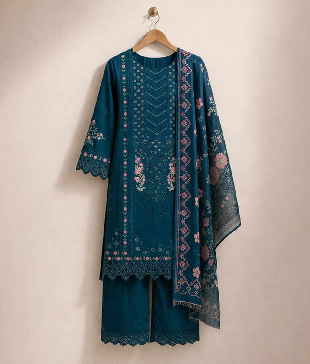 Teal cotton 3 piece with multicolored embroidery
