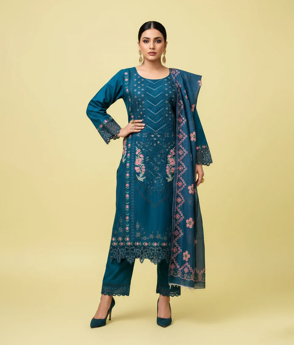 Teal cotton 3 piece with multicolored embroidery