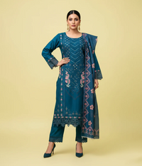 Teal cotton 3 piece with multicolored embroidery