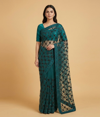 Teal sequin net saree