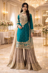 Teal and Beige Tilla Work Gharara